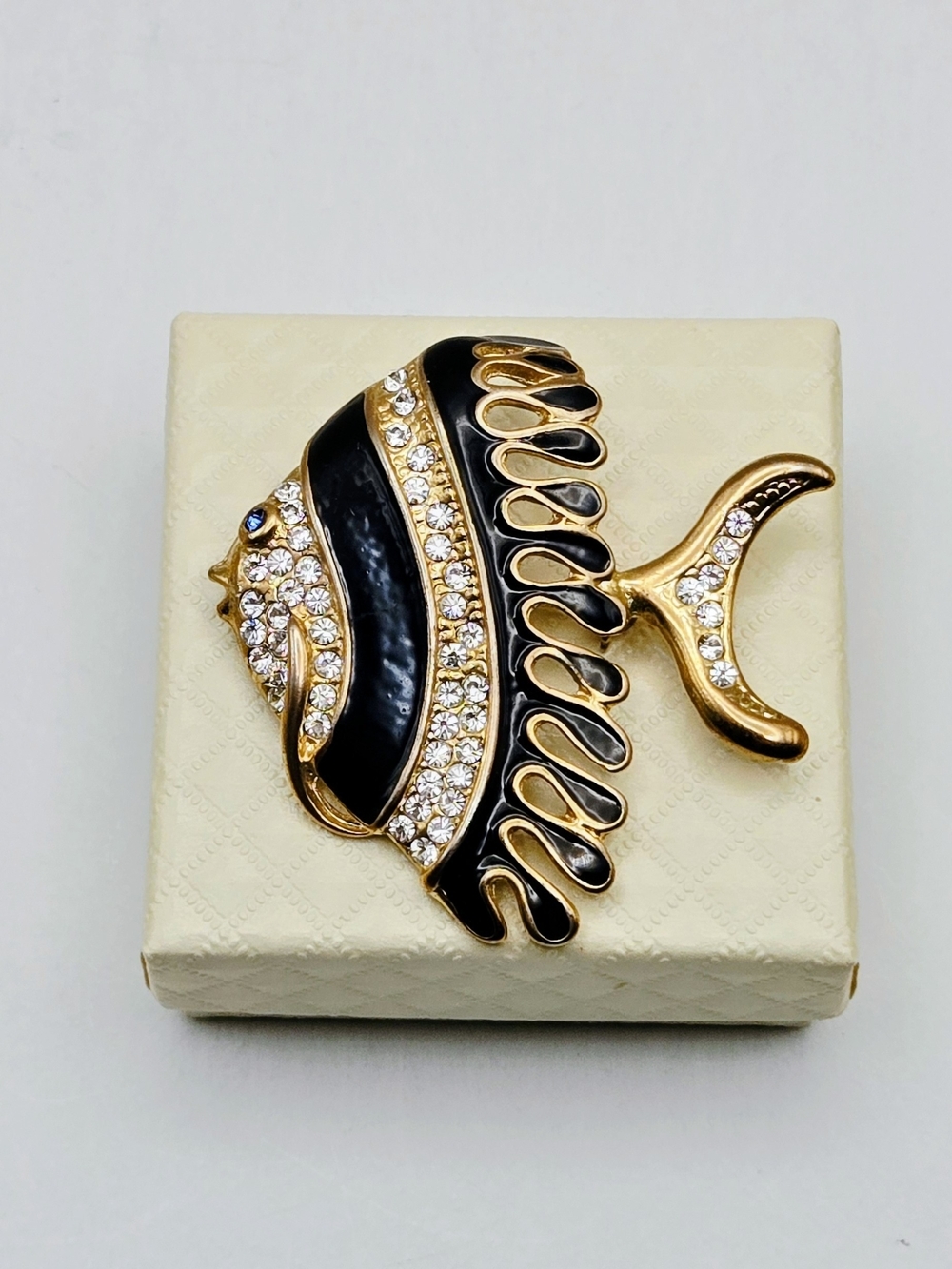 Vintage Gold Tone Black Enamel Angel Fish Brooch with Crystal Accents - Picture 1 of 16